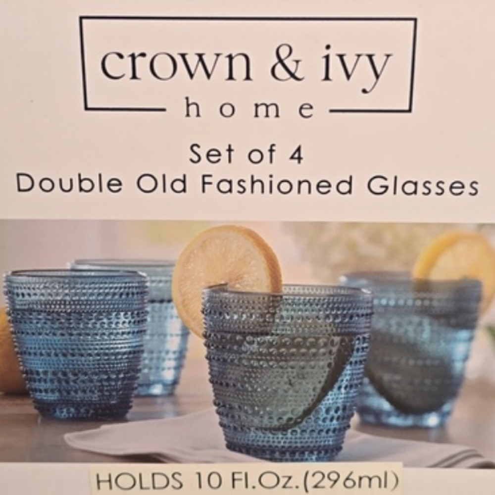 CROWN & IVY HOME BRAND SET OF 4 BLUE DOUBLE OLD FASHIONED 10 OZ DRINKING GLASSES
